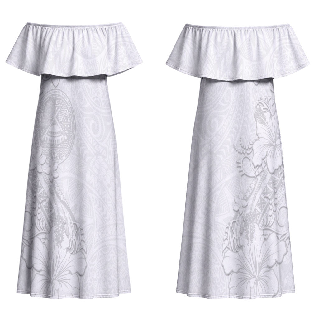American Samoa White Sunday Couples Matching Off Shoulder Maxi Dress and Long Sleeve Button Shirt Polynesian Pattern With Tropical Flowers