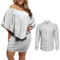 American Samoa White Sunday Couples Matching Off Shoulder Short Dress and Long Sleeve Button Shirt Polynesian Pattern With Tropical Flowers