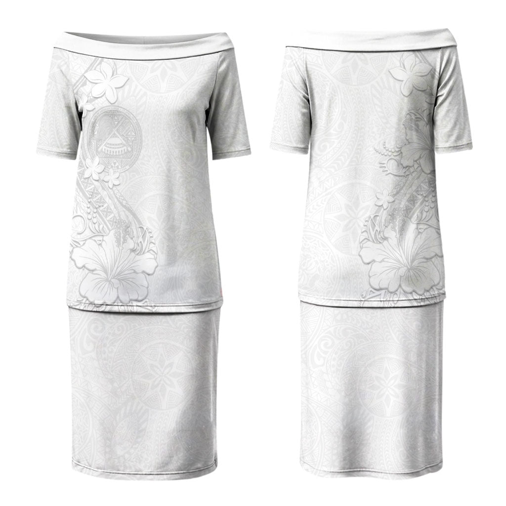American Samoa White Sunday Couples Matching Puletasi and Hawaiian Shirt Polynesian Pattern With Tropical Flowers