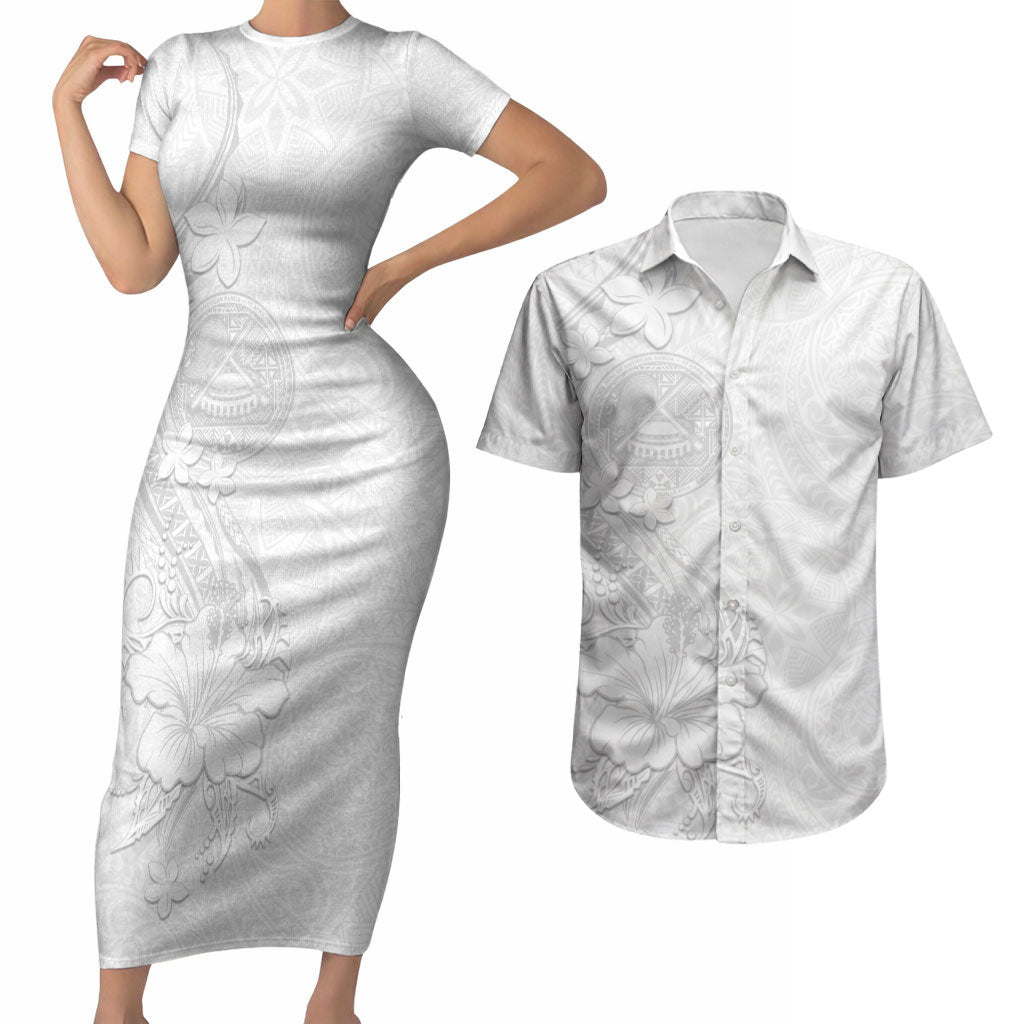 American Samoa White Sunday Couples Matching Short Sleeve Bodycon Dress and Hawaiian Shirt Polynesian Pattern With Tropical Flowers