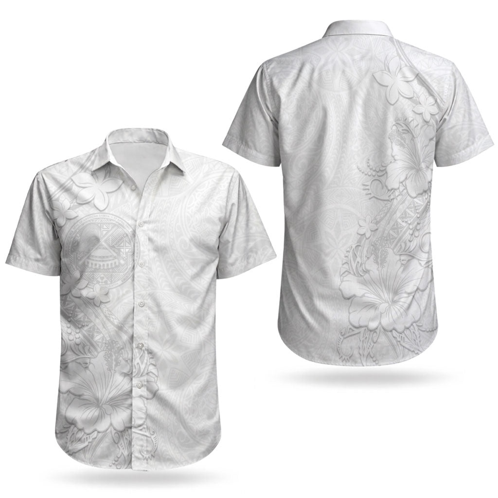 American Samoa White Sunday Couples Matching Tank Maxi Dress and Hawaiian Shirt Polynesian Pattern With Tropical Flowers