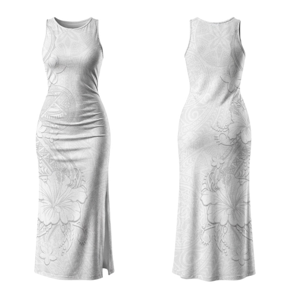 American Samoa White Sunday Couples Matching Tank Maxi Dress and Hawaiian Shirt Polynesian Pattern With Tropical Flowers