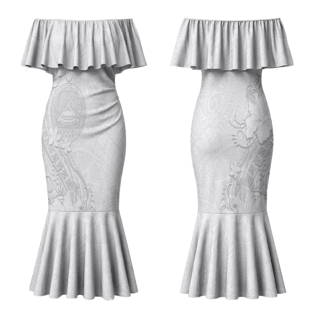 American Samoa White Sunday Family Matching Mermaid Dress and Hawaiian Shirt Polynesian Pattern With Tropical Flowers