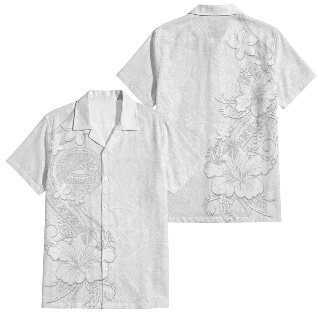 American Samoa White Sunday Family Matching Off The Shoulder Long Sleeve Dress and Hawaiian Shirt Polynesian Pattern With Tropical Flowers