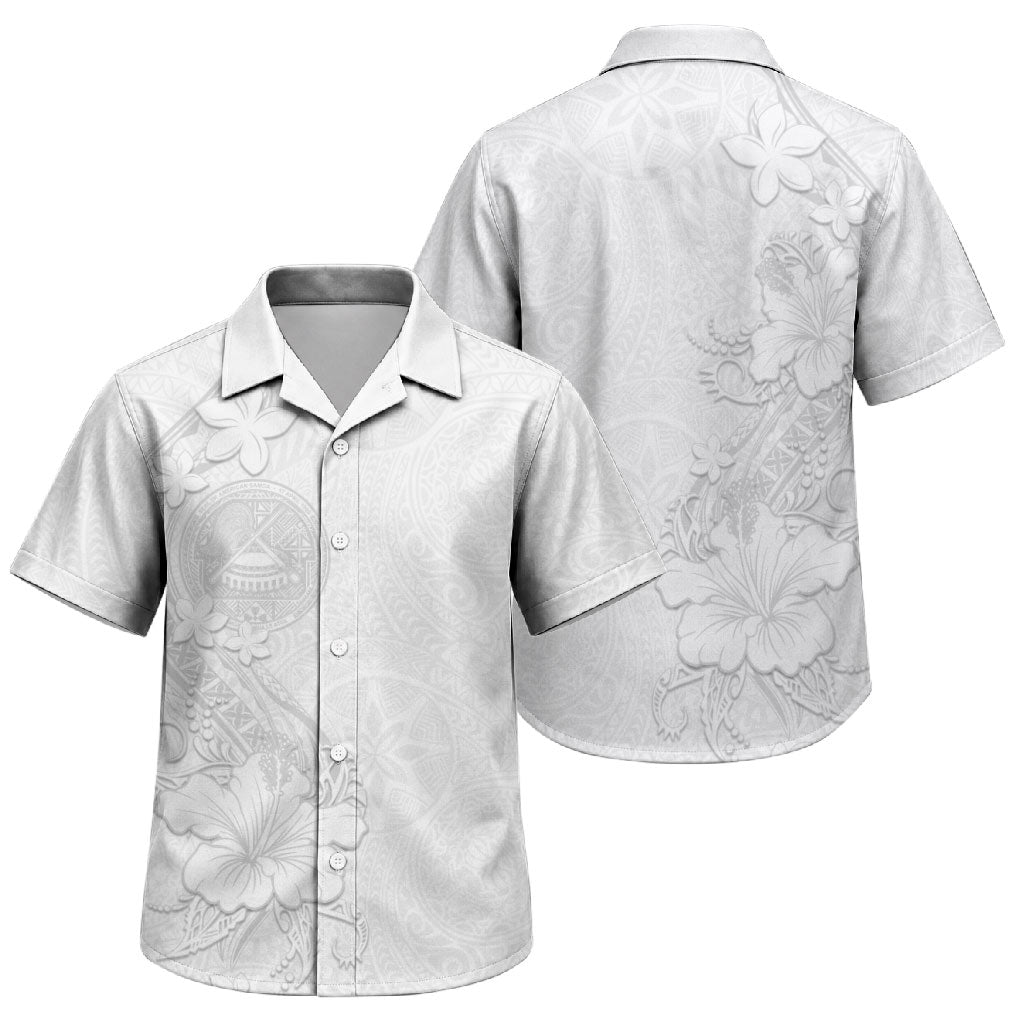 American Samoa White Sunday Family Matching Off The Shoulder Long Sleeve Dress and Hawaiian Shirt Polynesian Pattern With Tropical Flowers
