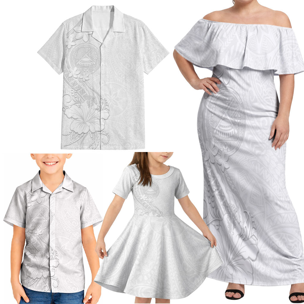 American Samoa White Sunday Family Matching Off Shoulder Maxi Dress and Hawaiian Shirt Polynesian Pattern With Tropical Flowers