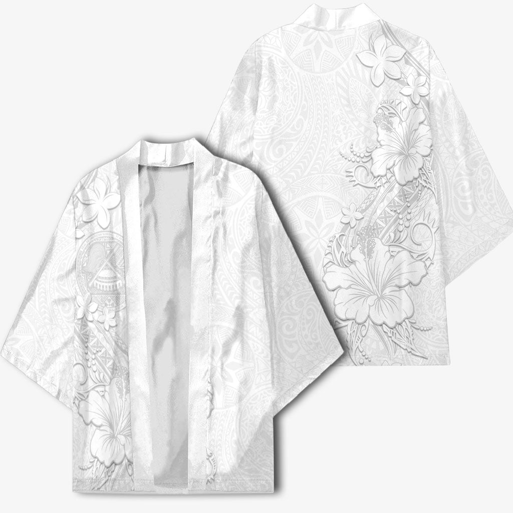 American Samoa White Sunday Kimono Polynesian Pattern With Tropical Flowers