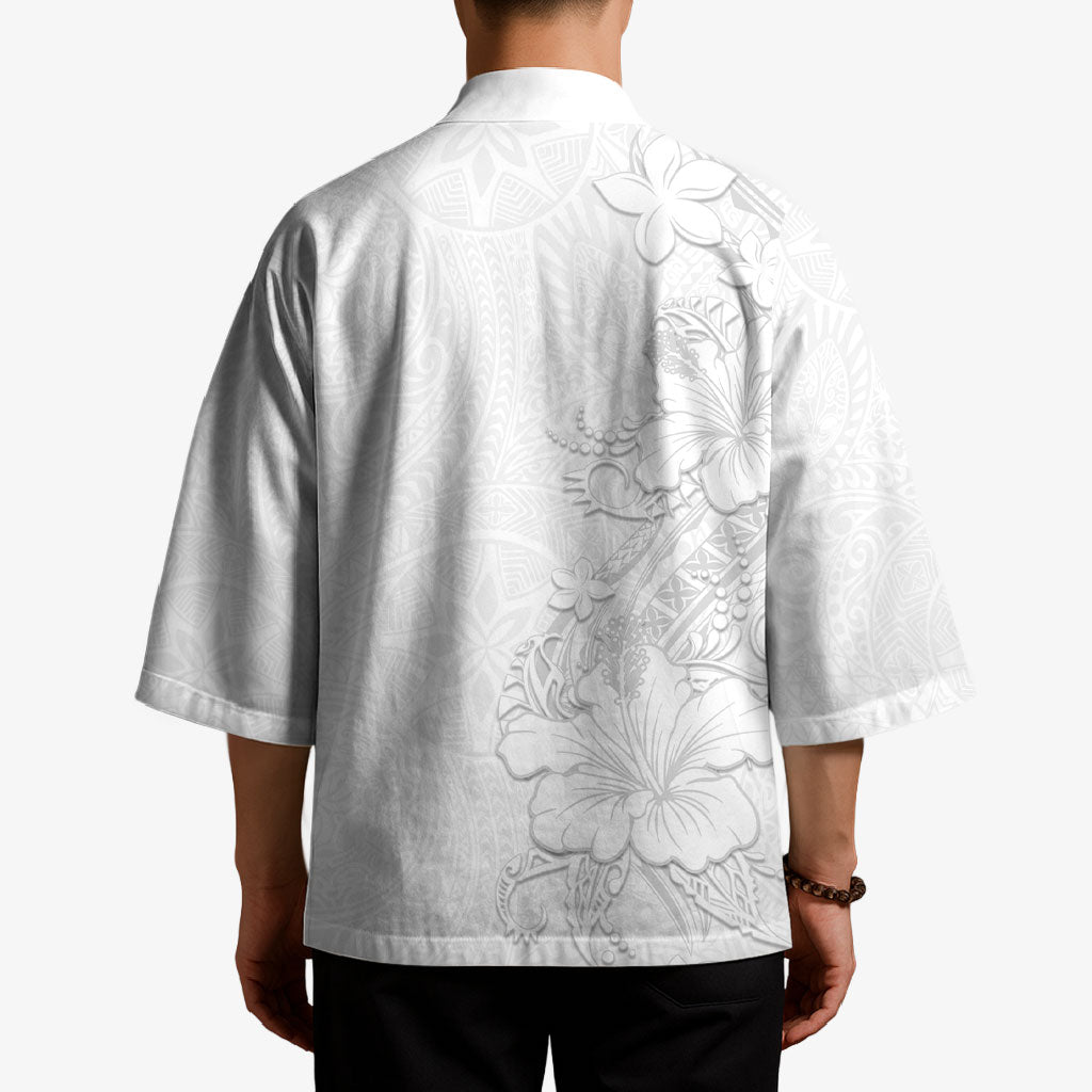 American Samoa White Sunday Kimono Polynesian Pattern With Tropical Flowers