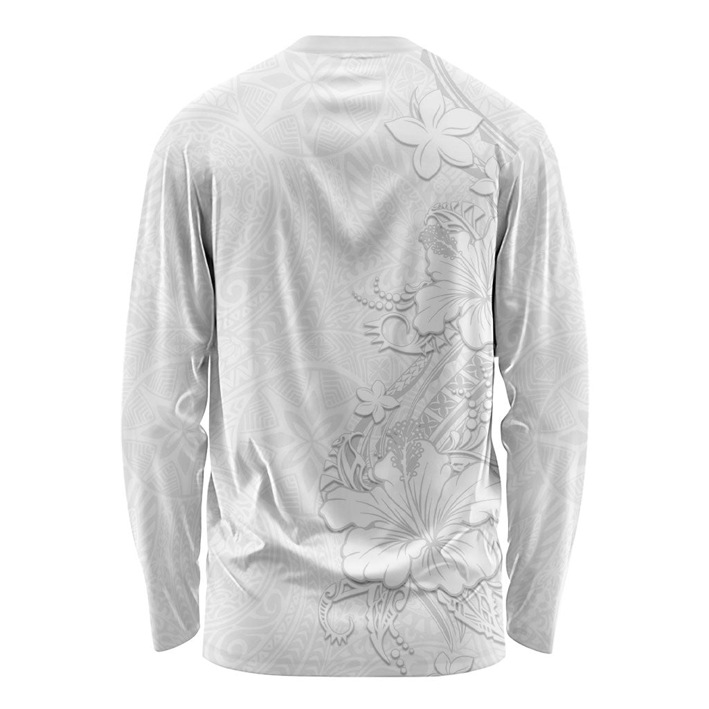 American Samoa White Sunday Long Sleeve Shirt Polynesian Pattern With Tropical Flowers
