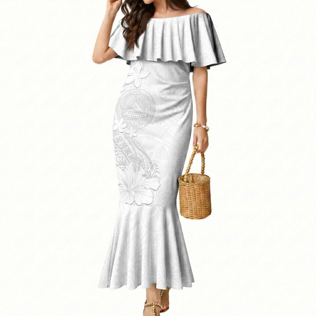 American Samoa White Sunday Mermaid Dress Polynesian Pattern With Tropical Flowers
