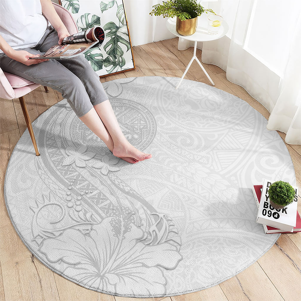 American Samoa White Sunday Round Carpet Polynesian Pattern With Tropical Flowers