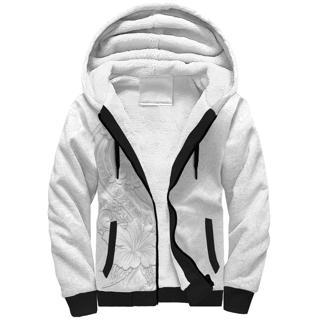 American Samoa White Sunday Sherpa Hoodie Polynesian Pattern With Tropical Flowers