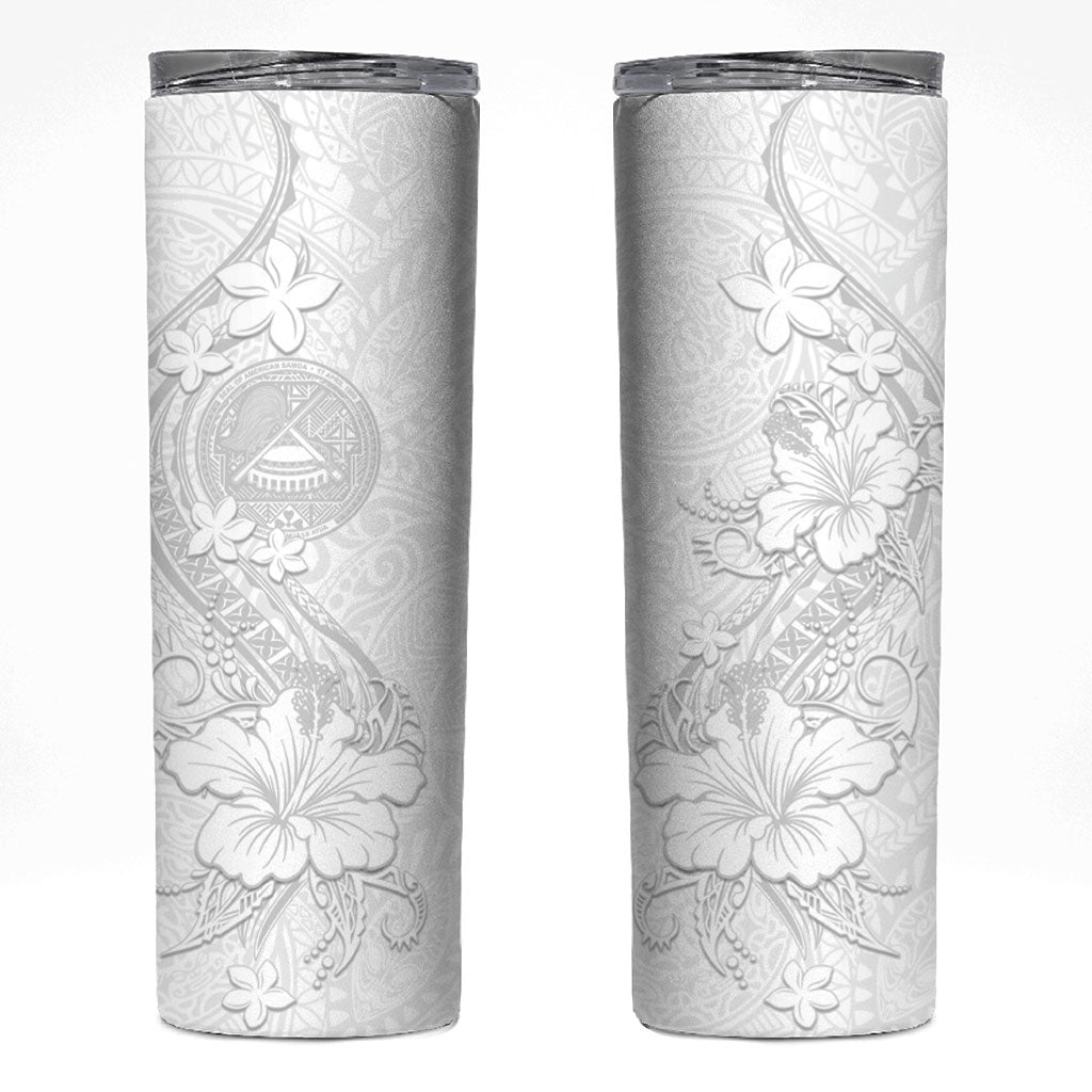 American Samoa White Sunday Skinny Tumbler Polynesian Pattern With Tropical Flowers