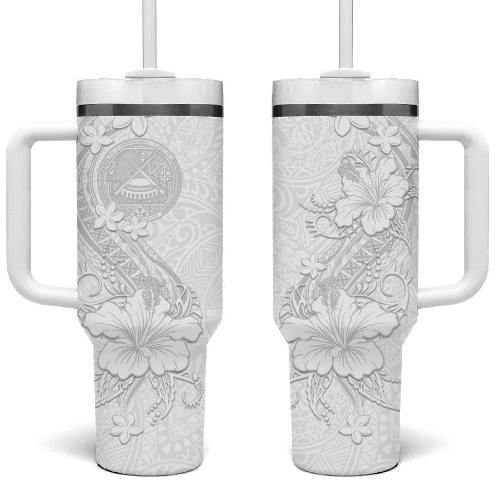 American Samoa White Sunday Tumbler With Handle Polynesian Pattern With Tropical Flowers