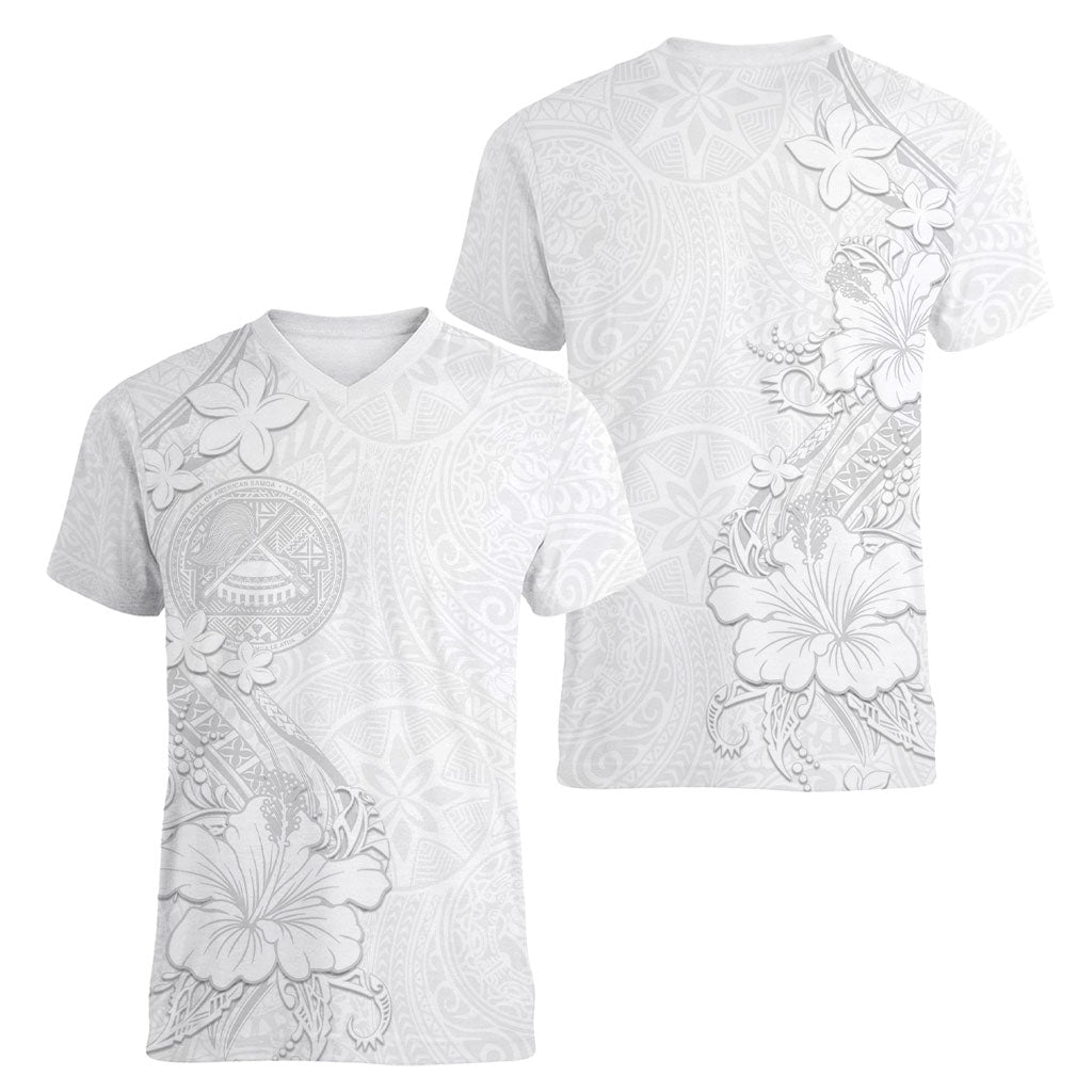 American Samoa White Sunday Women V-Neck T-Shirt Polynesian Pattern With Tropical Flowers