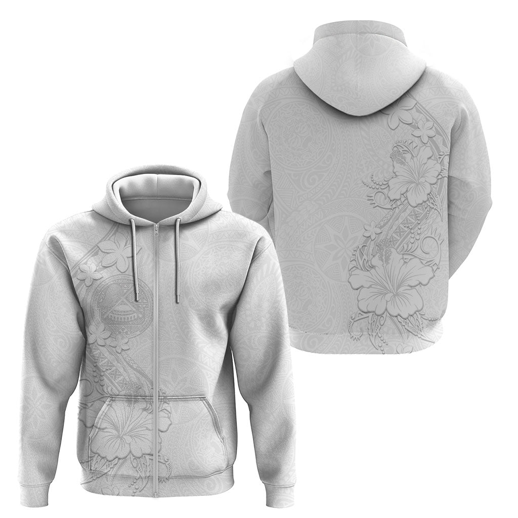 American Samoa White Sunday Zip Hoodie Polynesian Pattern With Tropical Flowers