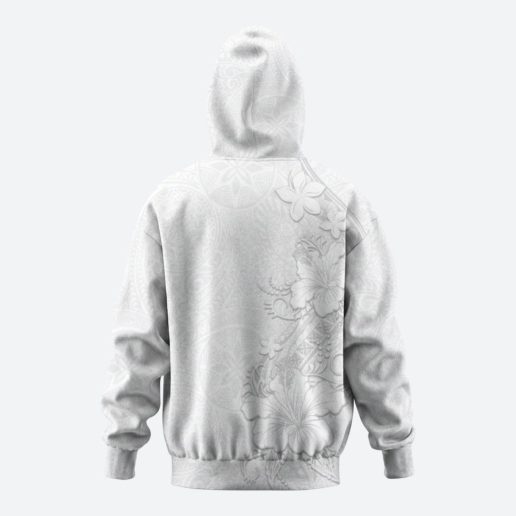 American Samoa White Sunday Zip Hoodie Polynesian Pattern With Tropical Flowers