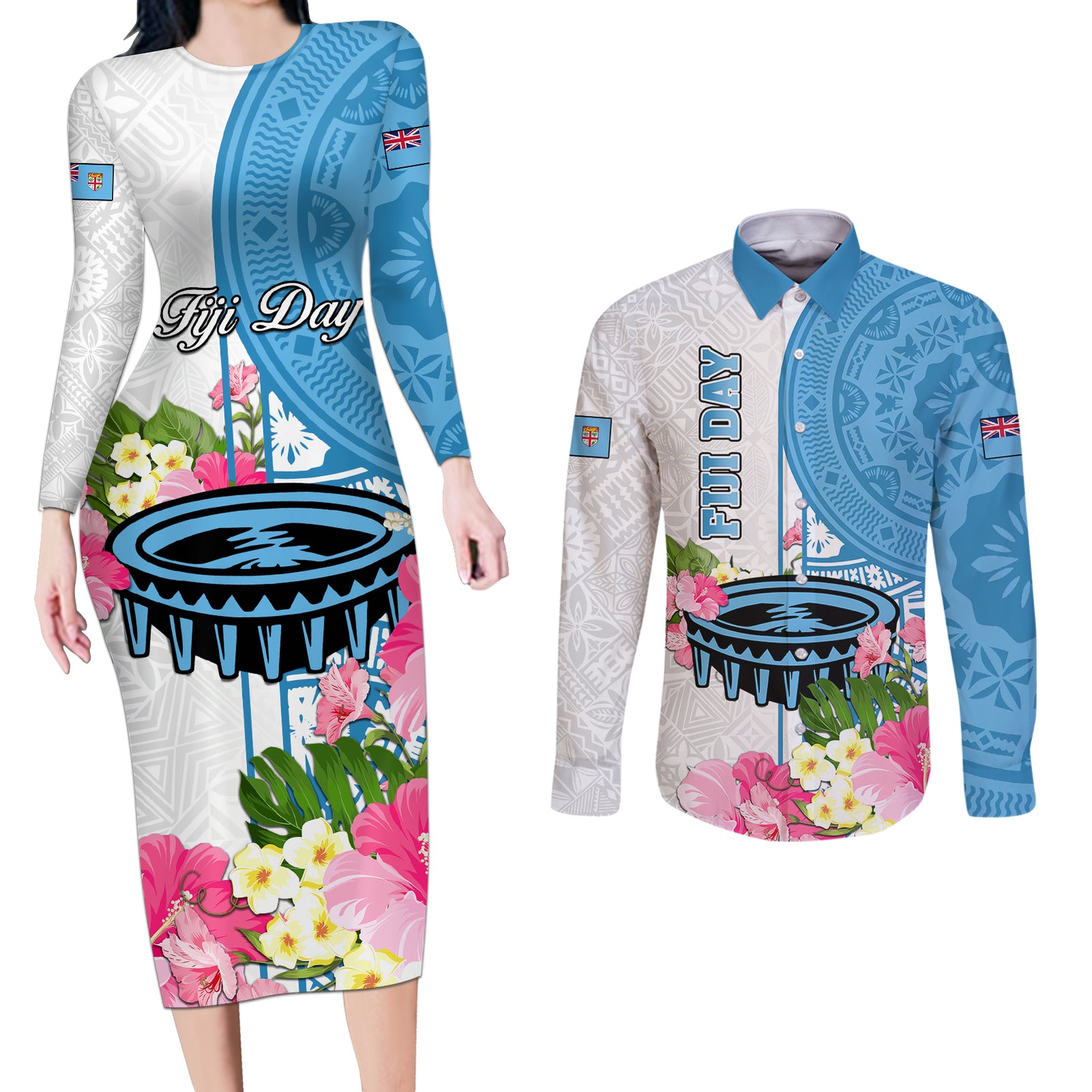 Fiji Day Couples Matching Long Sleeve Bodycon Dress and Long Sleeve Button Shirts Tanoa Hibiscus Fijian Tapa Masi Pattern LT05 White - Polynesian Pride