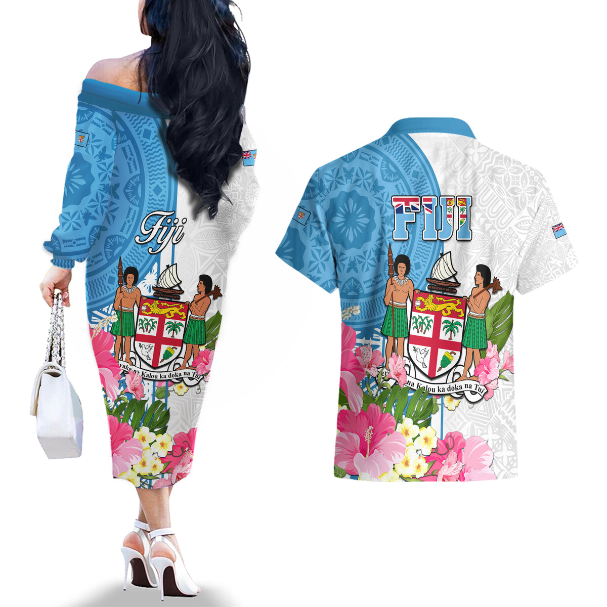 fiji-day-couples-matching-off-the-shoulder-long-sleeve-dress-and-hawaiian-shirt-tanoa-hibiscus-fijian-tapa-masi-pattern