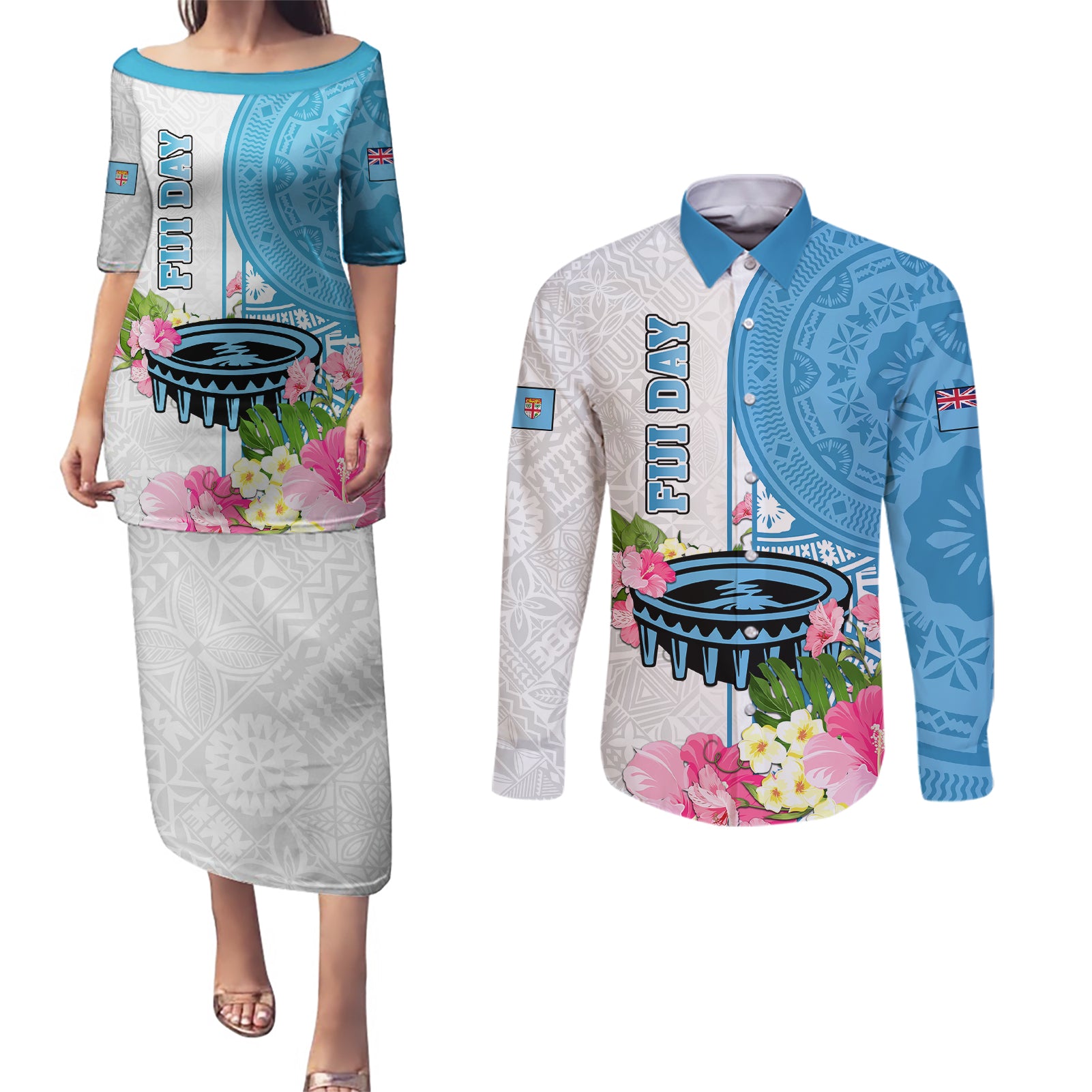 fiji-day-couples-matching-puletasi-dress-and-long-sleeve-button-shirts-tanoa-hibiscus-fijian-tapa-masi-pattern