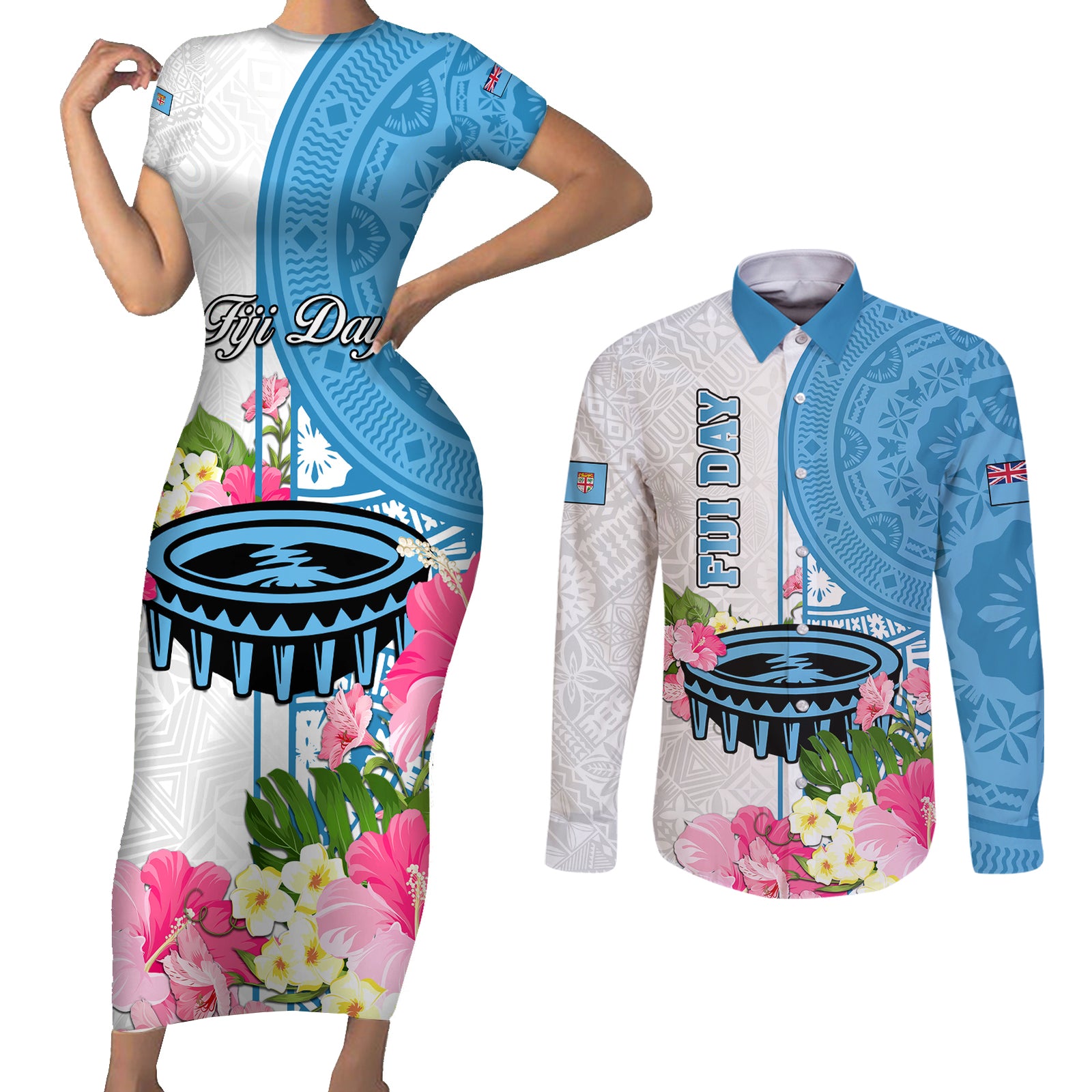 Fiji Day Couples Matching Short Sleeve Bodycon Dress and Long Sleeve Button Shirts Tanoa Hibiscus Fijian Tapa Masi Pattern LT05 White - Polynesian Pride
