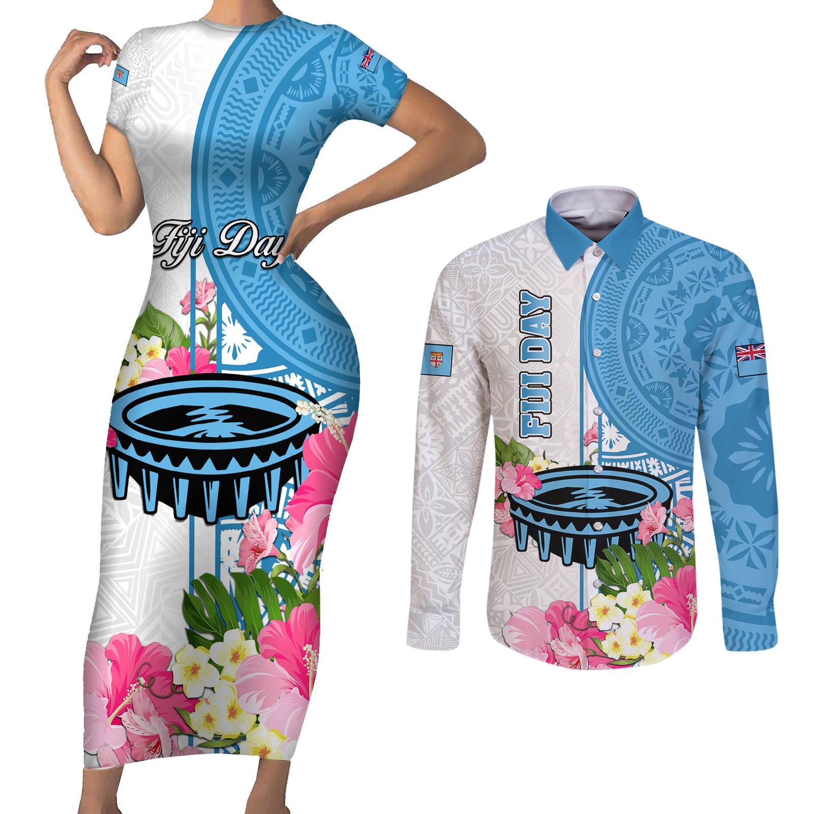 fiji-day-couples-matching-short-sleeve-bodycon-dress-and-long-sleeve-button-shirts-tanoa-hibiscus-fijian-tapa-masi-pattern