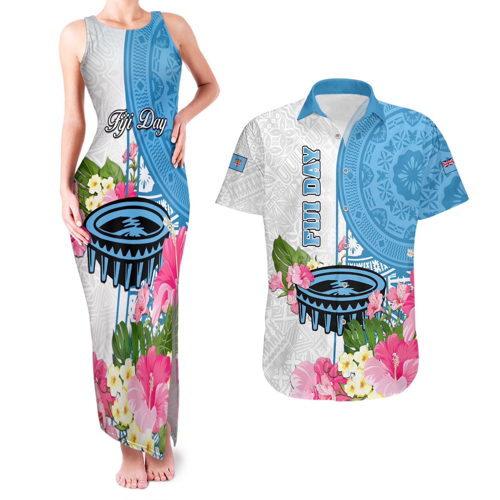 Fiji Day Couples Matching Tank Maxi Dress and Hawaiian Shirt Tanoa Hibiscus Fijian Tapa Masi Pattern LT05 White - Polynesian Pride
