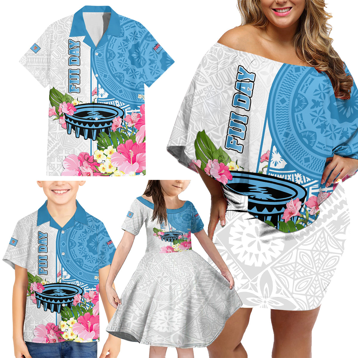Fiji Day Family Matching Off Shoulder Short Dress and Hawaiian Shirt Tanoa Hibiscus Fijian Tapa Masi Pattern LT05 - Polynesian Pride
