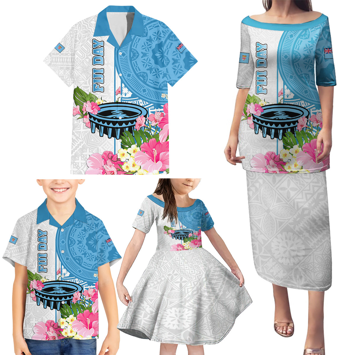Fiji Day Family Matching Puletasi Dress and Hawaiian Shirt Tanoa Hibiscus Fijian Tapa Masi Pattern LT05 - Polynesian Pride