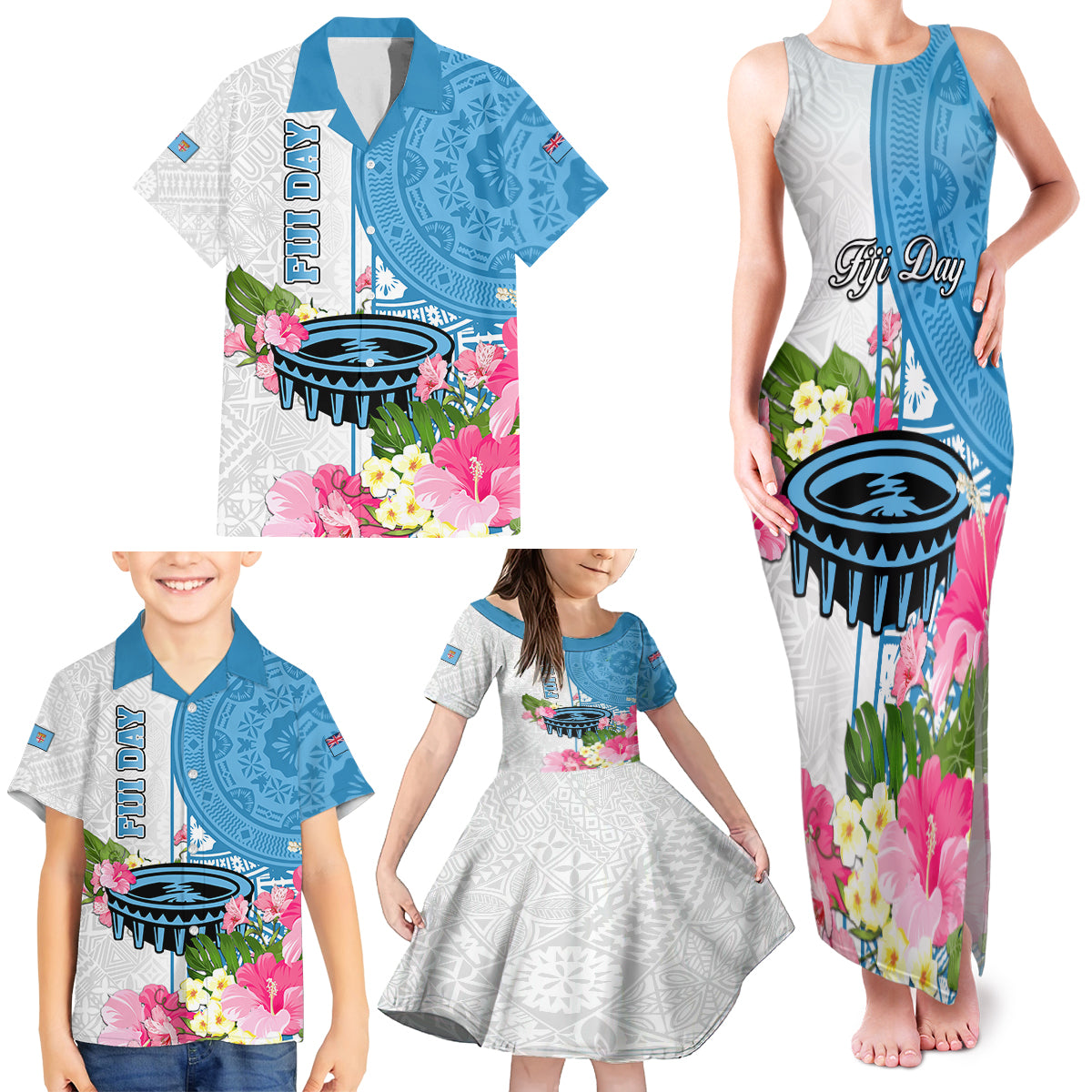 Fiji Day Family Matching Tank Maxi Dress and Hawaiian Shirt Tanoa Hibiscus Fijian Tapa Masi Pattern LT05 - Polynesian Pride