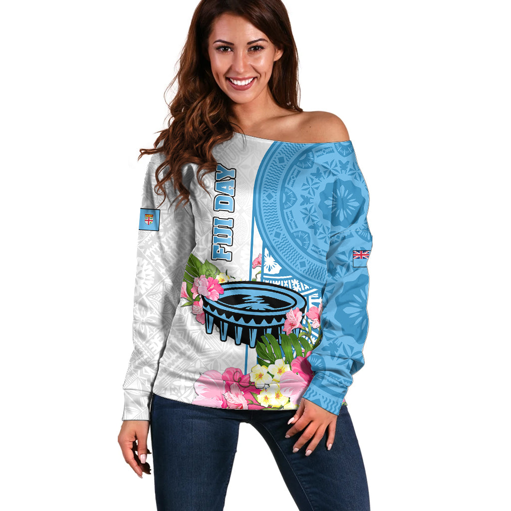 Fiji Day Off Shoulder Sweater Tanoa Hibiscus Fijian Tapa Masi Pattern LT05 Women White - Polynesian Pride