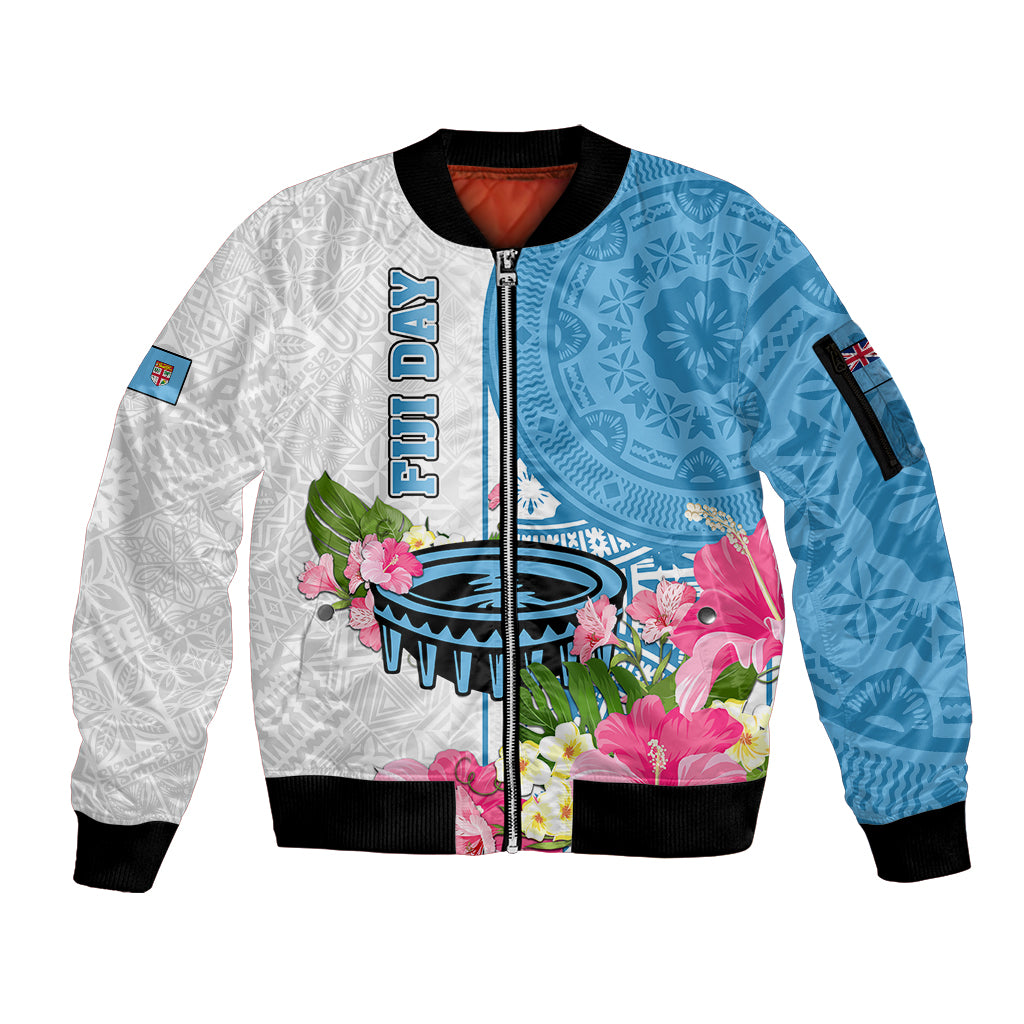 Fiji Day Sleeve Zip Bomber Jacket Tanoa Hibiscus Fijian Tapa Masi Pattern LT05 Unisex White - Polynesian Pride