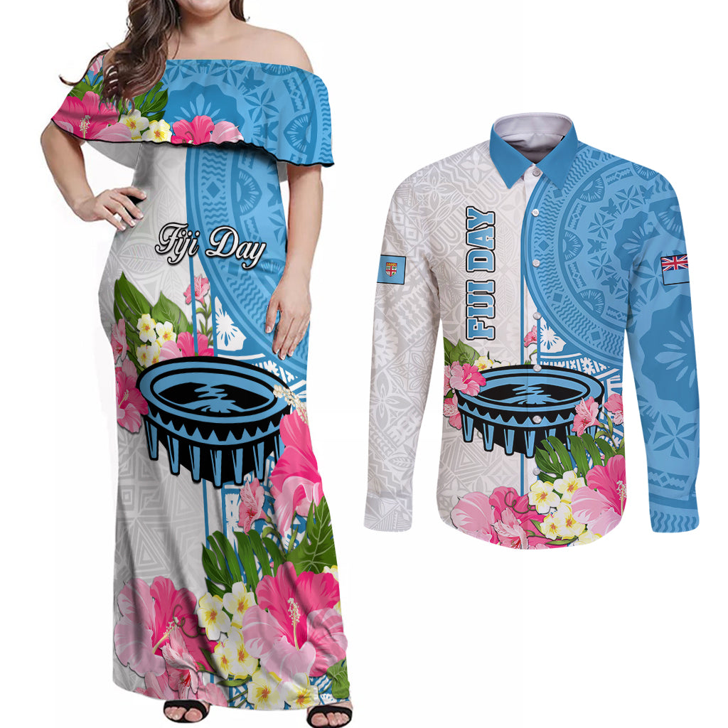Personalized Fiji Day Couples Matching Off Shoulder Maxi Dress and Long Sleeve Button Shirts Tanoa Hibiscus Fijian Tapa Masi Pattern LT05 White - Polynesian Pride