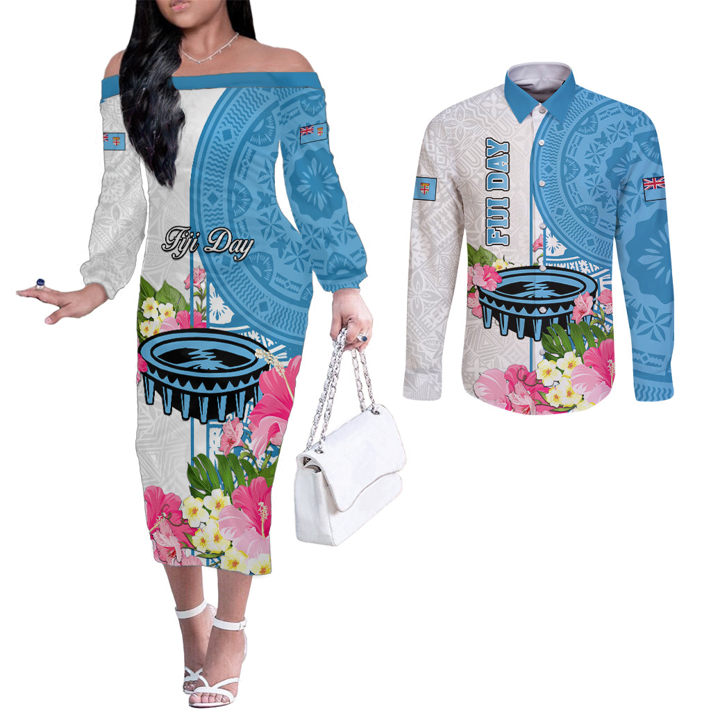 Personalized Fiji Day Couples Matching Off The Shoulder Long Sleeve Dress and Long Sleeve Button Shirts Tanoa Hibiscus Fijian Tapa Masi Pattern LT05 White - Polynesian Pride