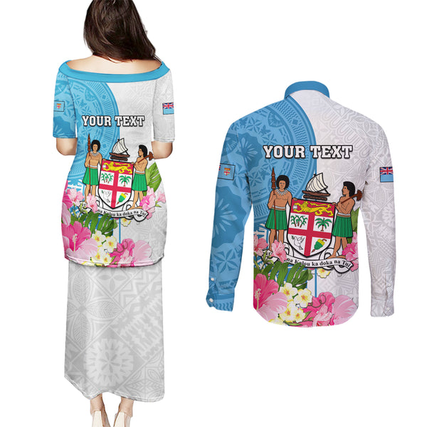 Polynesian Couples Matching Puletasi Dress and Long Sleeve Button Shirts Dog Lover With Shiba Inu - Sunset At The Beach White Ver LT7