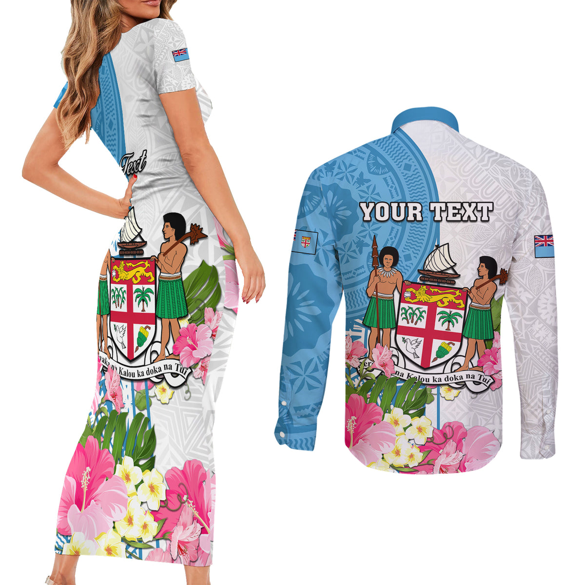 personalized-fiji-day-couples-matching-short-sleeve-bodycon-dress-and-long-sleeve-button-shirts-tanoa-hibiscus-fijian-tapa-masi-pattern
