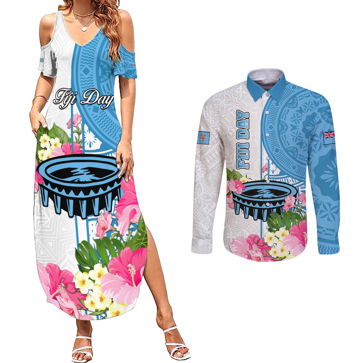 Personalized Fiji Day Couples Matching Summer Maxi Dress and Long Sleeve Button Shirts Tanoa Hibiscus Fijian Tapa Masi Pattern LT05 White - Polynesian Pride