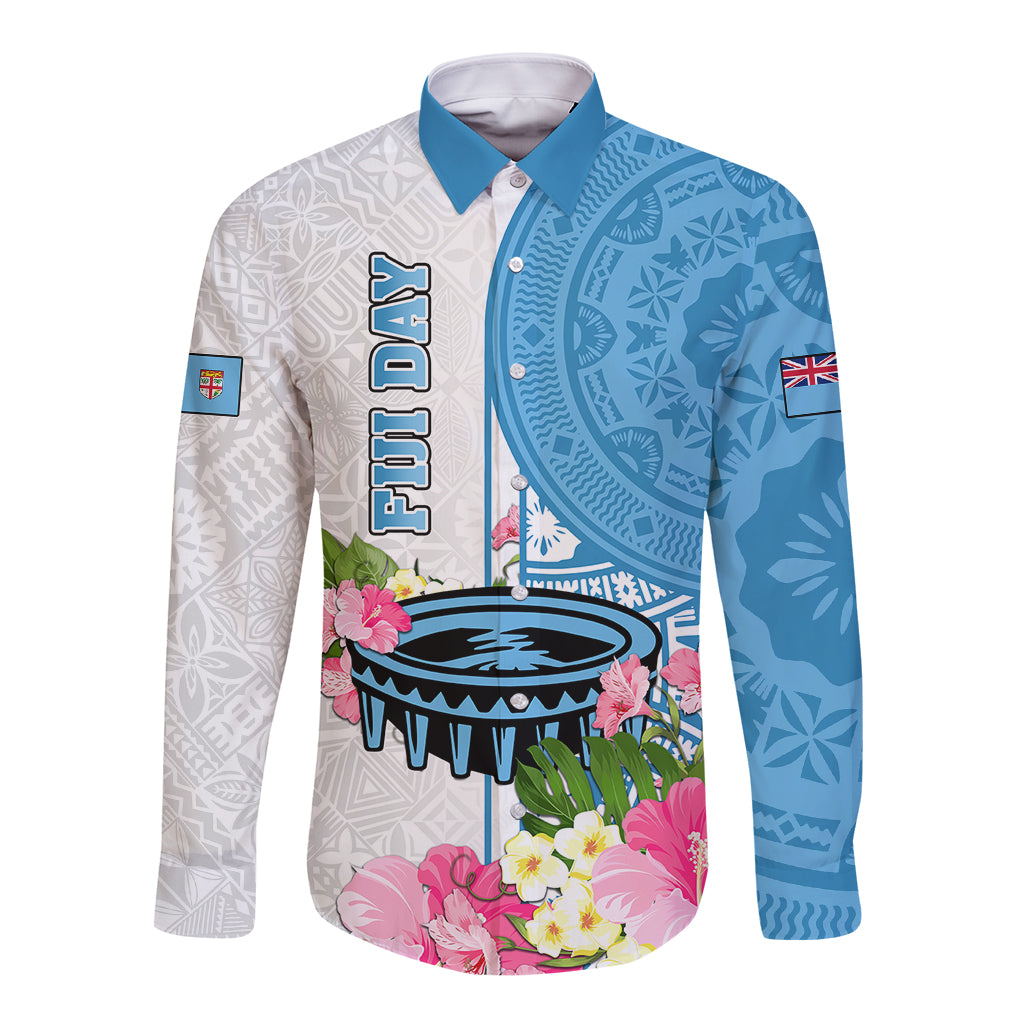 Personalized Fiji Day Long Sleeve Button Shirt Tanoa Hibiscus Fijian Tapa Masi Pattern LT05 Unisex White - Polynesian Pride