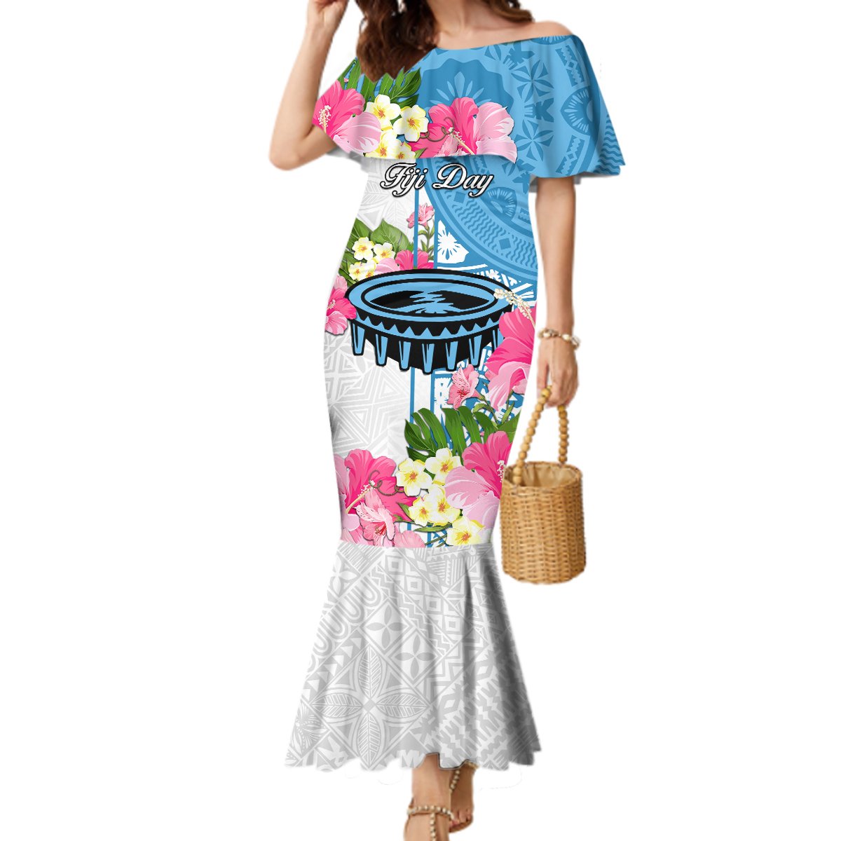 Personalized Fiji Day Mermaid Dress Tanoa Hibiscus Fijian Tapa Masi Pattern LT05 Women White - Polynesian Pride
