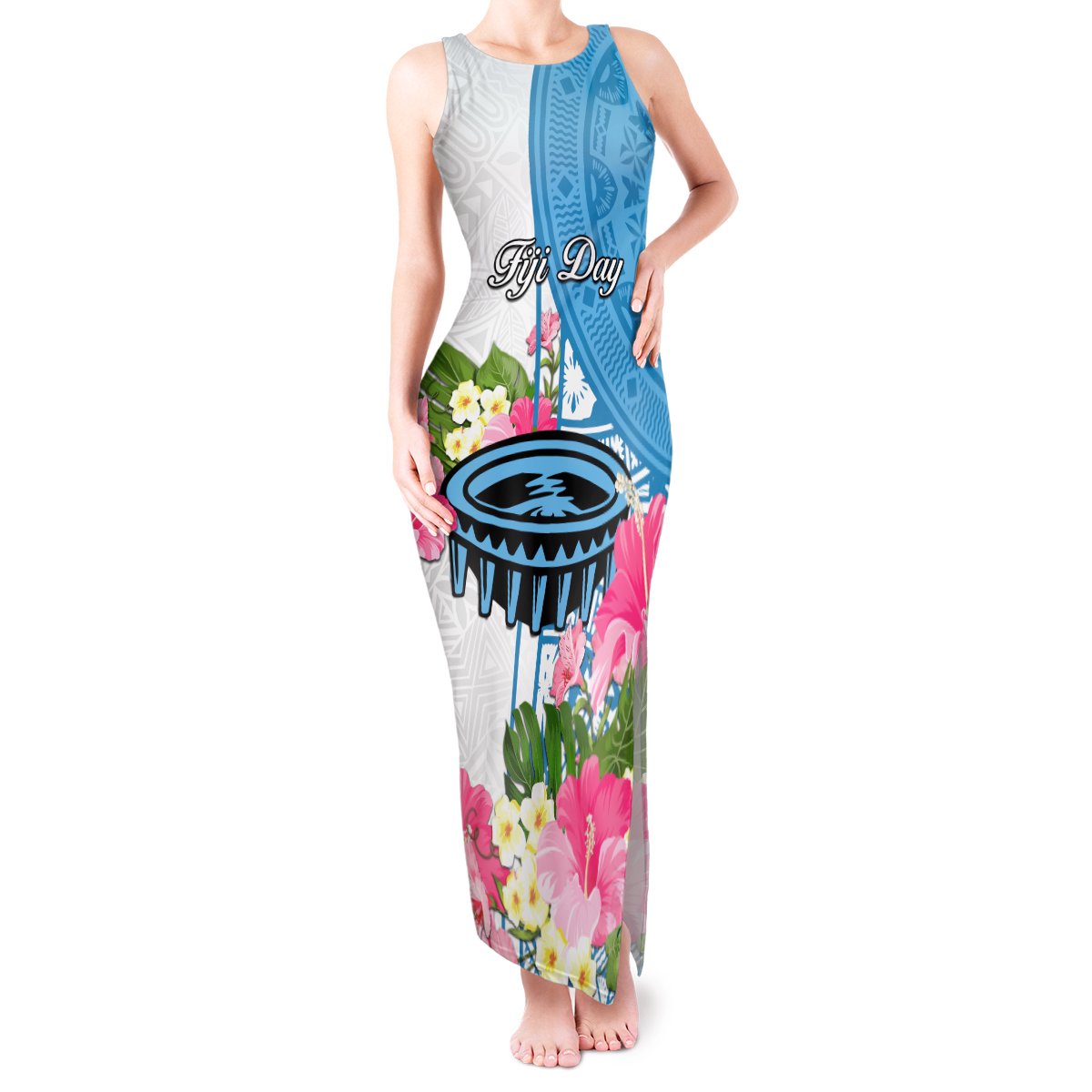 Personalized Fiji Day Tank Maxi Dress Tanoa Hibiscus Fijian Tapa Masi Pattern LT05 Women White - Polynesian Pride