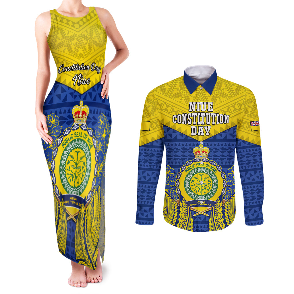 Niue Constitution Day Couples Matching Tank Maxi Dress and Long Sleeve Button Shirts Coat Of Arms Niuean Hiapo Pattern LT05 Yellow - Polynesian Pride