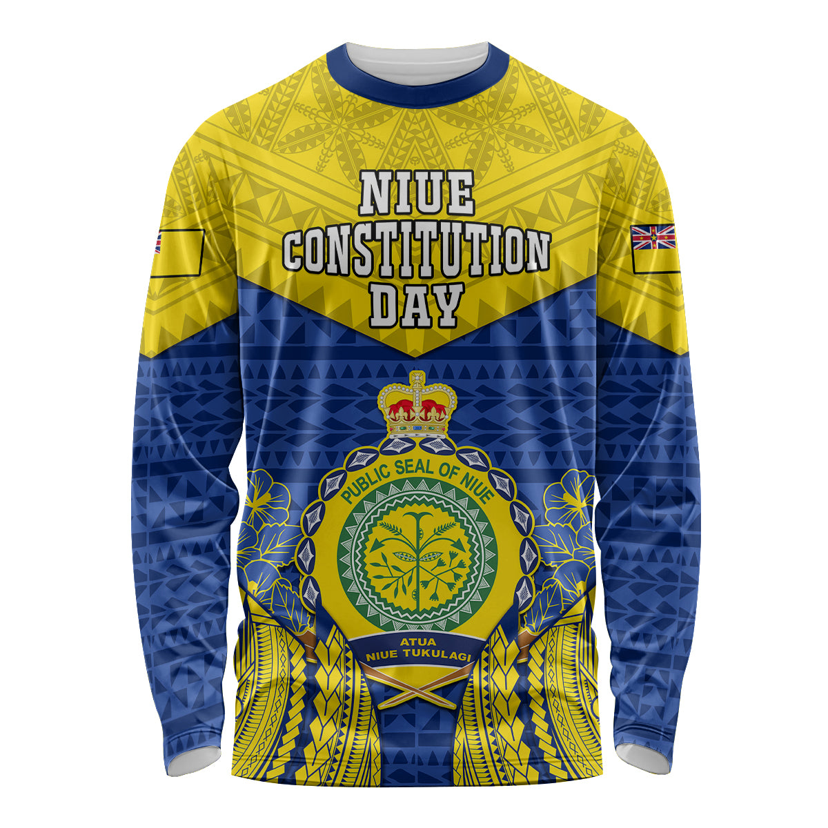 Niue Constitution Day Long Sleeve Shirt Coat Of Arms Niuean Hiapo Pattern LT05 Unisex Yellow - Polynesian Pride