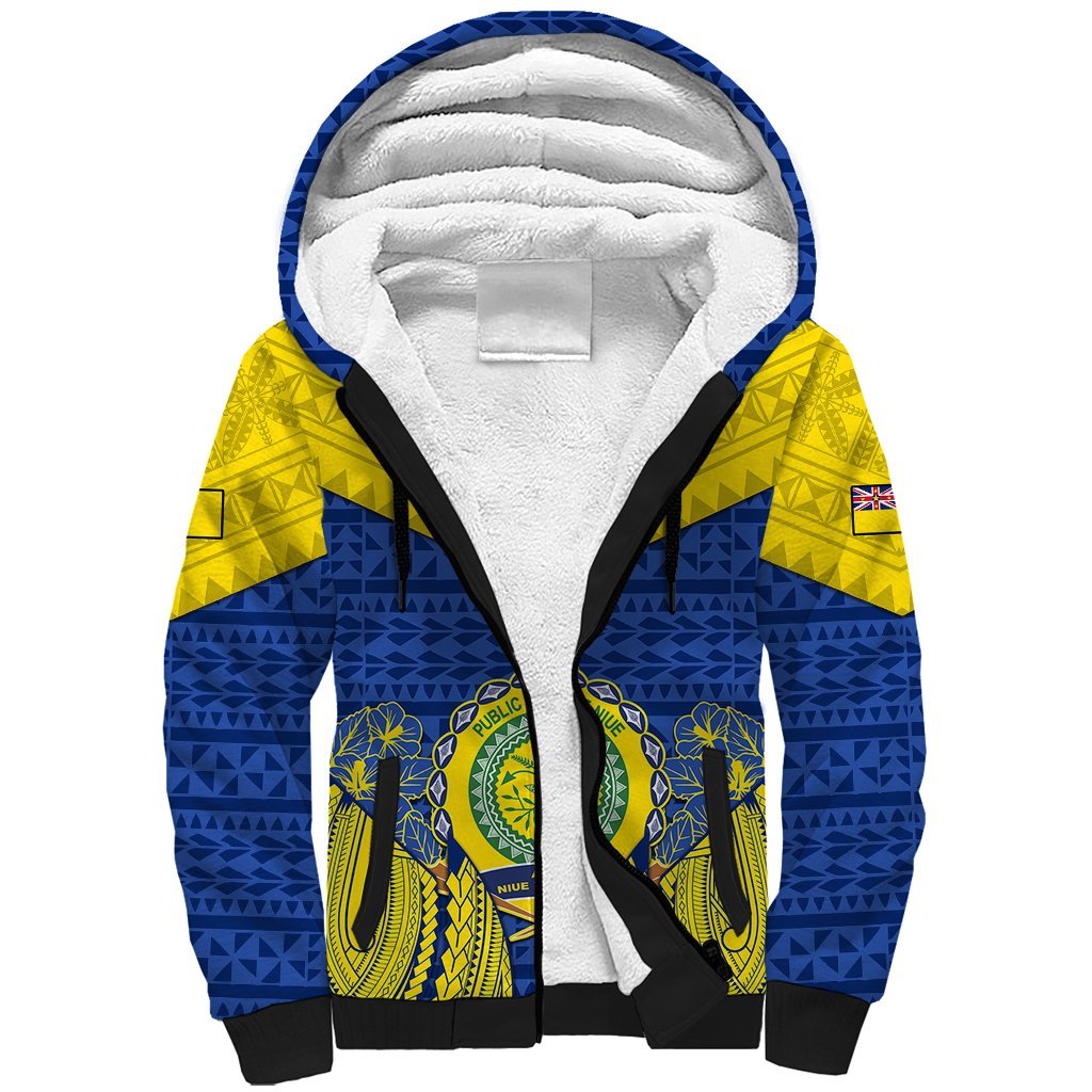Niue Constitution Day Sherpa Hoodie Coat Of Arms Niuean Hiapo Pattern LT05 Unisex Yellow - Polynesian Pride
