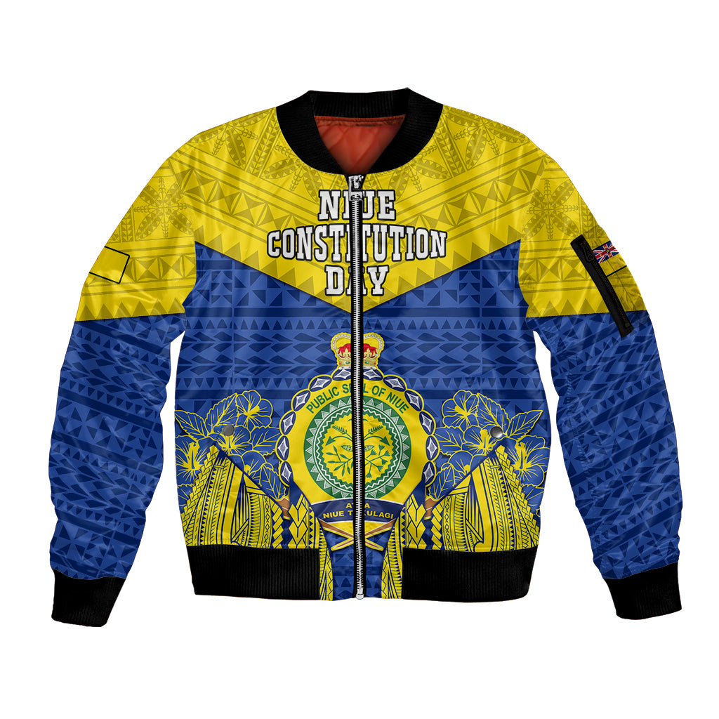 Niue Constitution Day Sleeve Zip Bomber Jacket Coat Of Arms Niuean Hiapo Pattern LT05 Unisex Yellow - Polynesian Pride