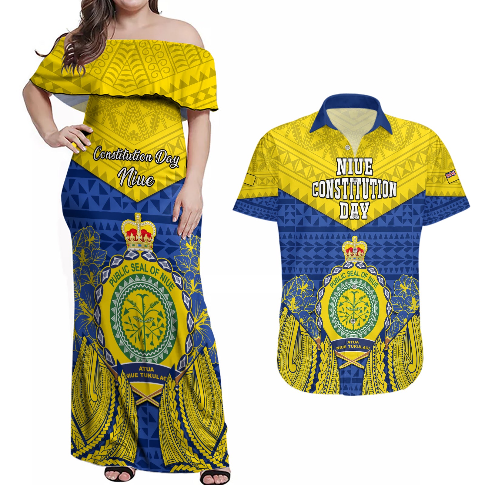 Personalized Niue Constitution Day Couples Matching Off Shoulder Maxi Dress and Hawaiian Shirt Coat Of Arms Niuean Hiapo Pattern LT05 Yellow - Polynesian Pride