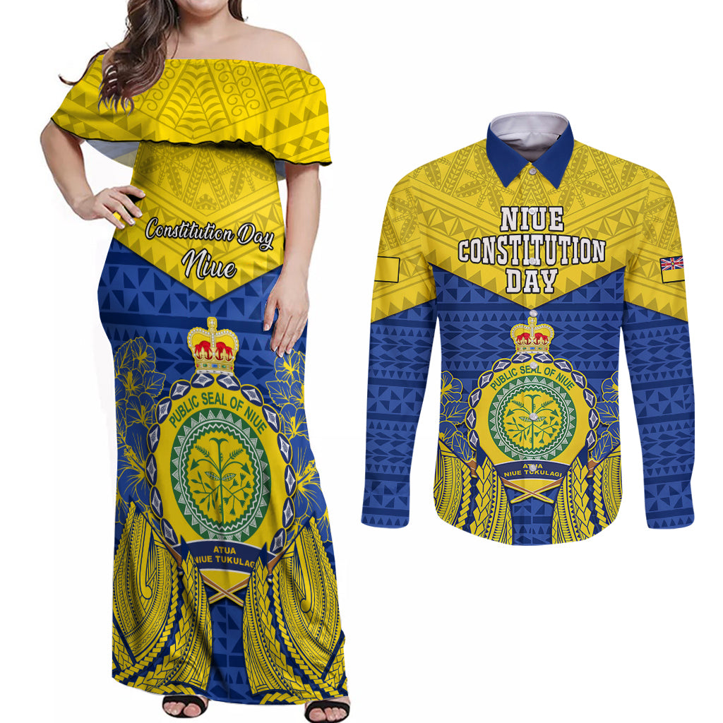 Personalized Niue Constitution Day Couples Matching Off Shoulder Maxi Dress and Long Sleeve Button Shirts Coat Of Arms Niuean Hiapo Pattern LT05 Yellow - Polynesian Pride