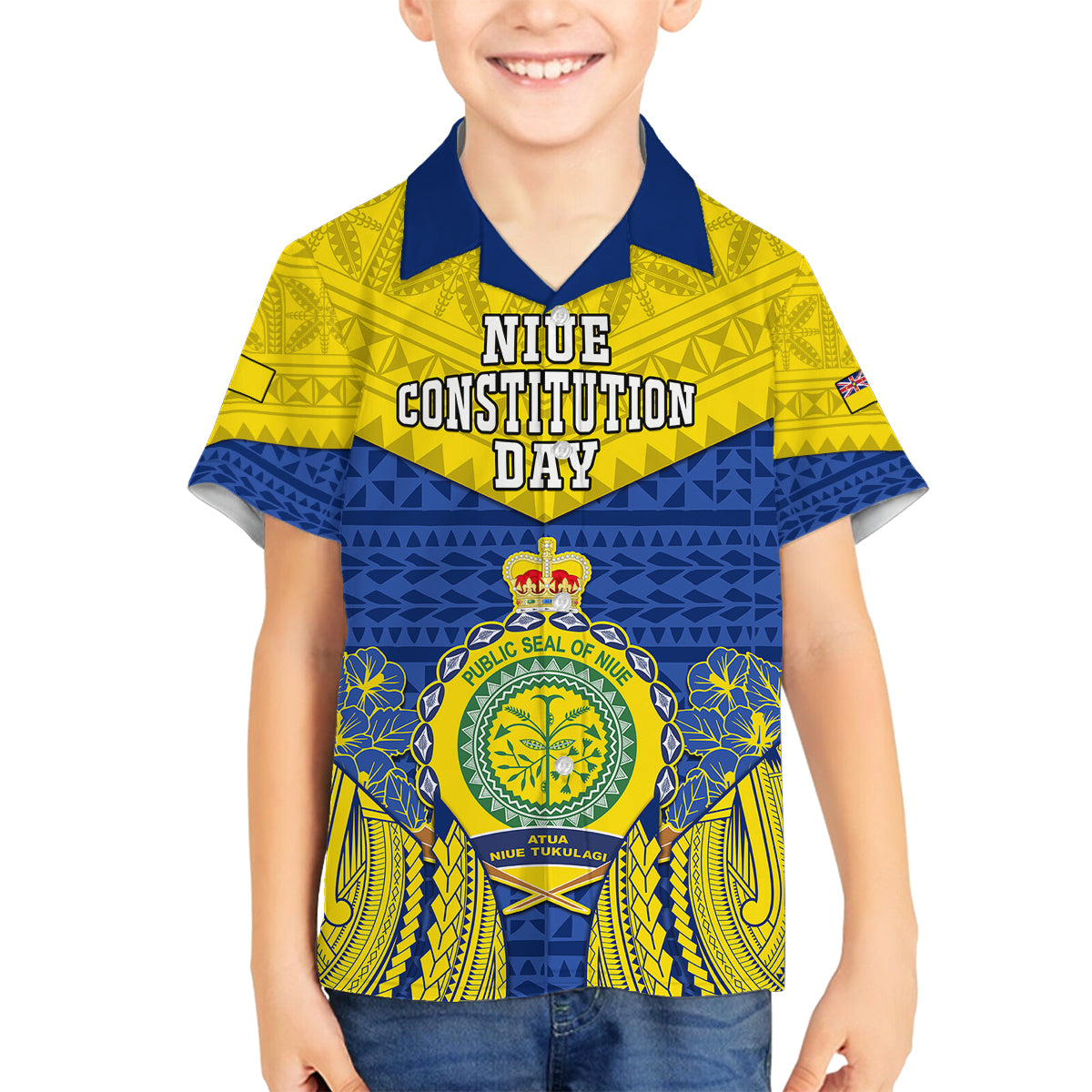 Personalized Niue Constitution Day Family Matching Off Shoulder Long Sleeve Dress and Hawaiian Shirt Coat Of Arms Niuean Hiapo Pattern LT05 Son's Shirt Yellow - Polynesian Pride
