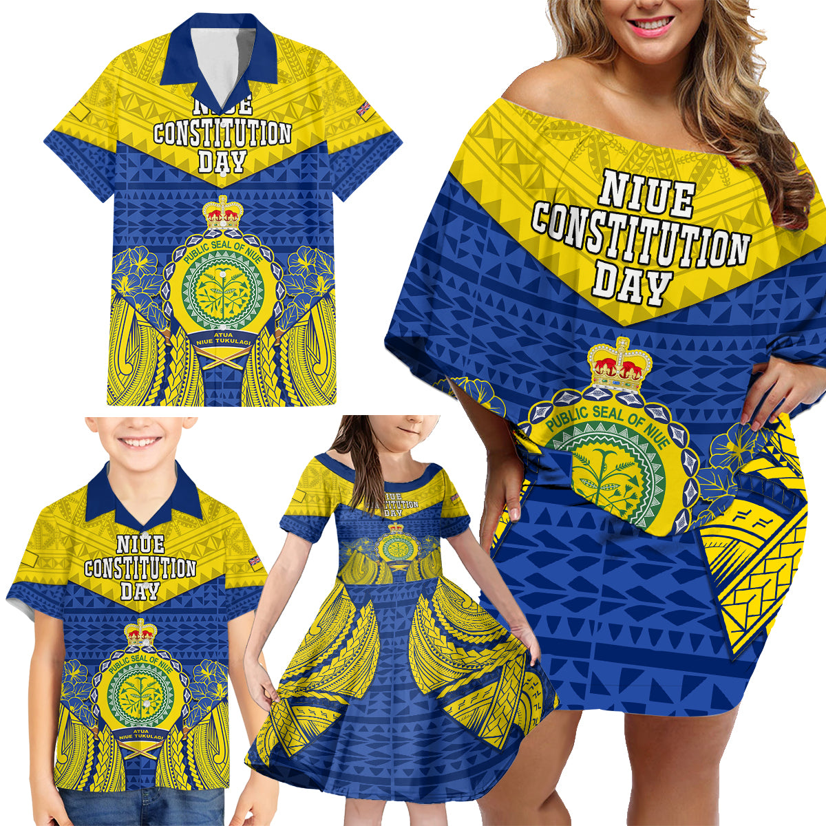 personalized-niue-constitution-day-family-matching-off-shoulder-short-dress-and-hawaiian-shirt-coat-of-arms-niuean-hiapo-pattern