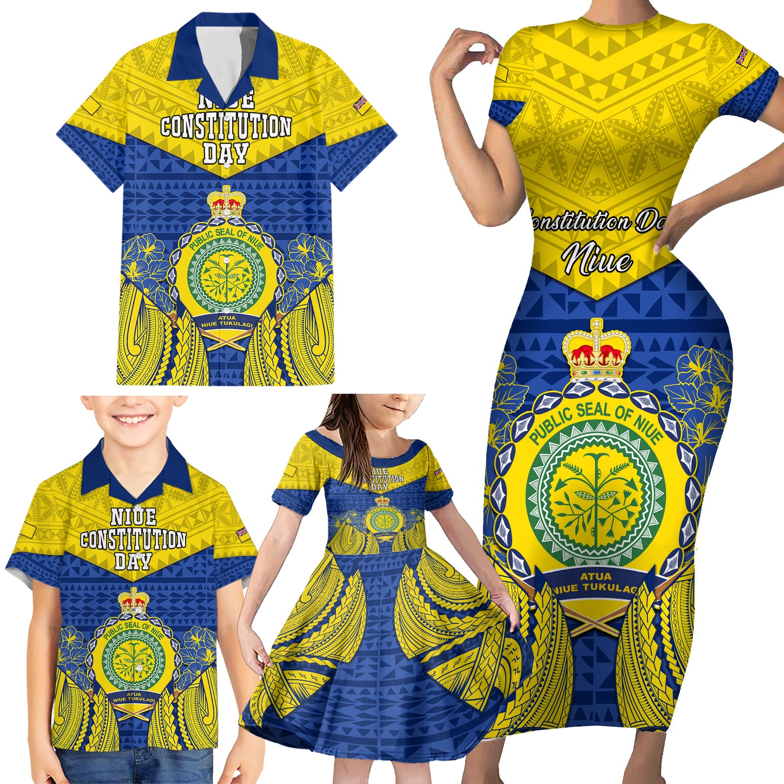 personalized-niue-constitution-day-family-matching-short-sleeve-bodycon-dress-and-hawaiian-shirt-coat-of-arms-niuean-hiapo-pattern