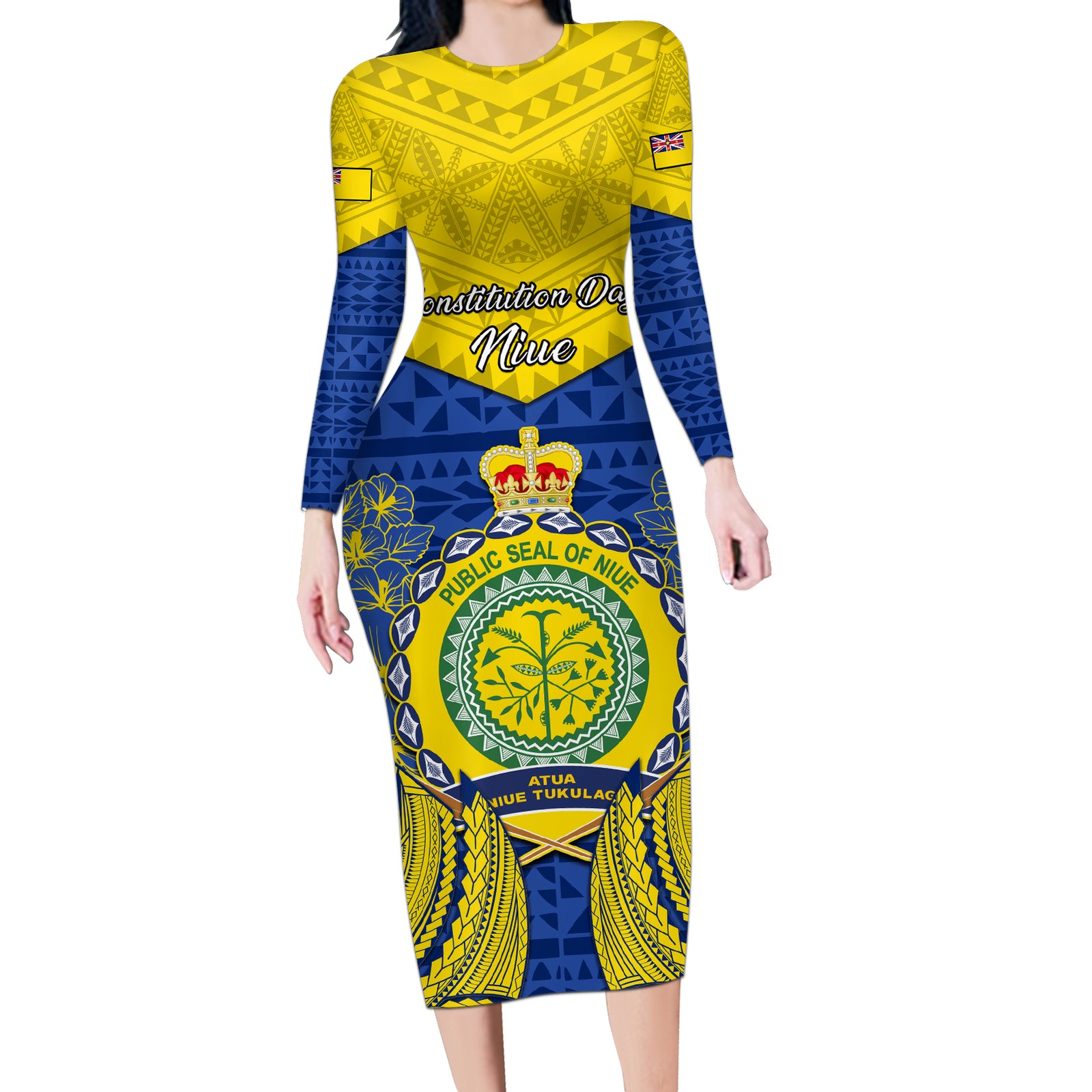 Personalized Niue Constitution Day Long Sleeve Bodycon Dress Coat Of Arms Niuean Hiapo Pattern LT05 Long Dress Yellow - Polynesian Pride